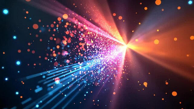 Dynamic graphic illustration of exploding stardust in a cosmic phenomenon with a colorful blend of star-like particles and light streaks.