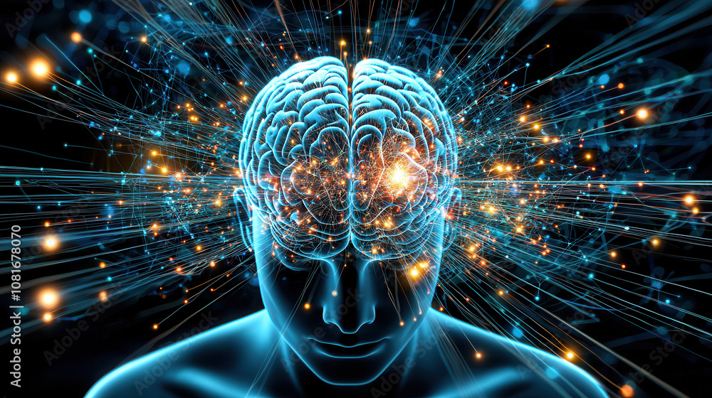 Poster abstract representation of human mind with glowing neural connections, showcasing creativity and tho