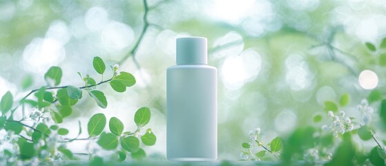 A minimalist product display surrounded by nature, symbolizing purity and freshness.