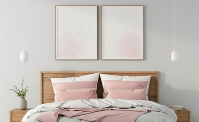 Minimalist bedroom interior with a wooden headboard. white bed linens. and pink bedding There are two framed posters above the bed and a lamp on each nightstand