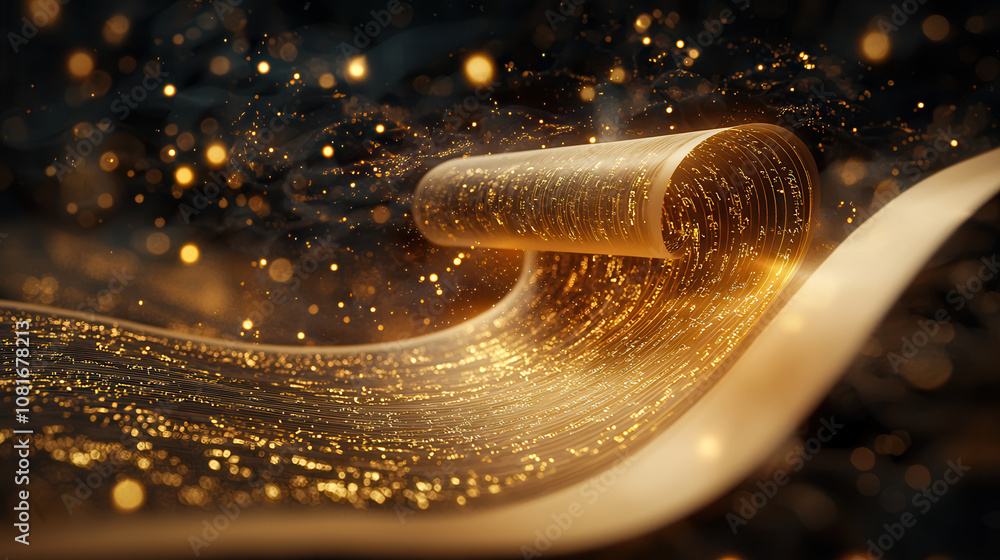 Poster shimmering golden scroll unfurls in cosmic space, surrounded by sparkling particles, creating magica