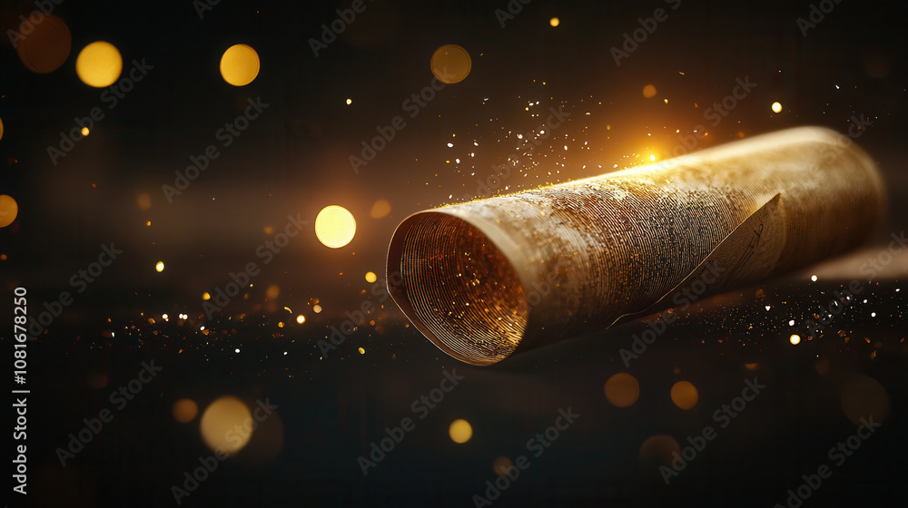 Poster ancient scroll illuminated by golden light, floating in space with sparkles. mystical and enchanting