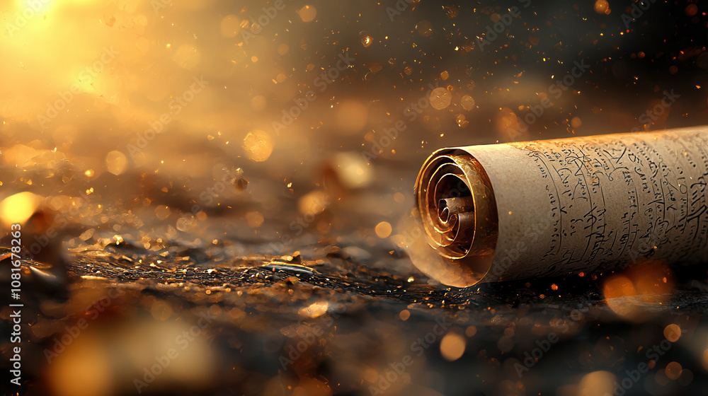 Poster ancient scroll illuminated by golden light, surrounded by sparkling dust