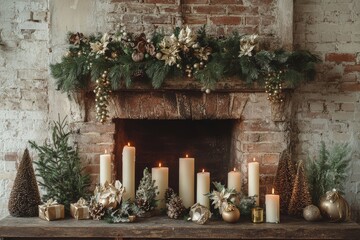 Christmas scene with candles and festive decorations in front of an old brick fireplace, vintage style ambiance.