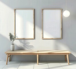Two empty picture frames hang on a white wall with natural light streaming in