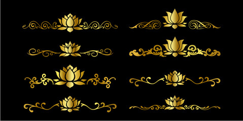 golden ornate decorative vintage lotus frames and scroll elements. Classic calligraphy swirls, swashes, dividers. Good for greeting cards, wedding invitations, restaurant menu, royal certificates.