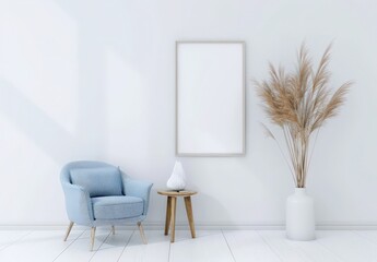 A minimalist living room interior with a grey armchair. a wooden side table. a white vase with dried grass. and a blank wooden frame on a white wall