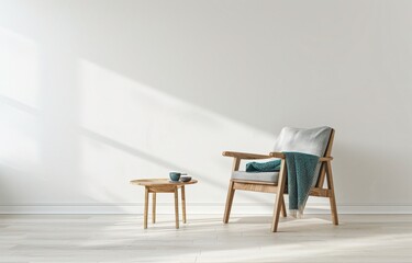 A comfortable armchair with a throw blanket and side table in a bright. minimalist living room with sunlight streaming through the window