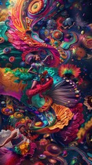 Capture a surrealistic scene at a cultural festival, featuring vibrant dancers in intricate costumes, viewed from a birds eye angle, with swirling colors and dreamlike distortions