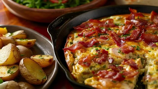 Freshly baked frittata with bacon and herbs is served alongside a plate of roasted potatoes and a bowl of fresh salad