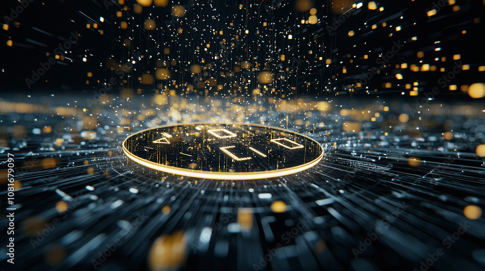 Poster digital coin surrounded by glowing particles and lines, representing cryptocurrency and technology. 