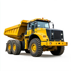 A yellow construction vehicle with a black cab isolated on white background