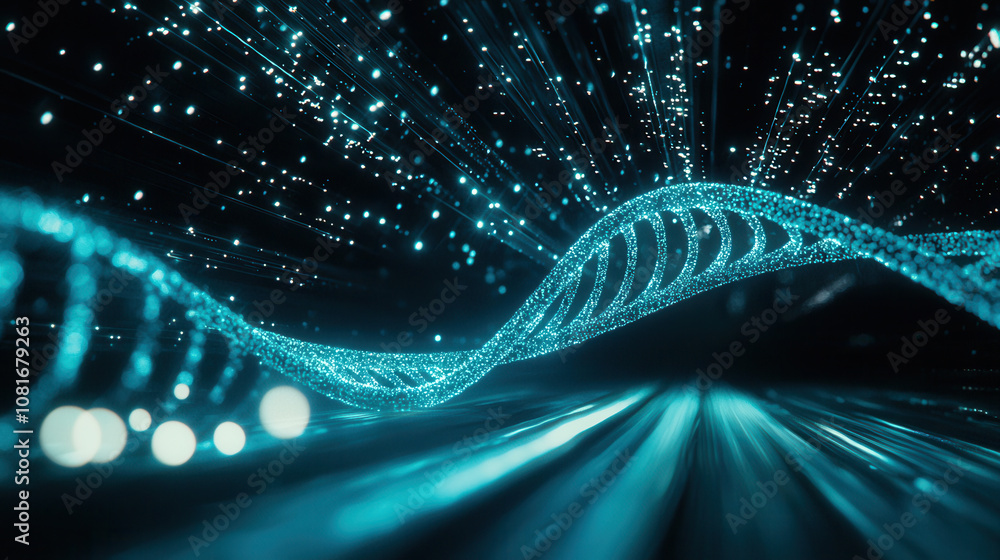 Poster digital hologram of dna helix in dark space with glowing blue particles, creating futuristic and sci