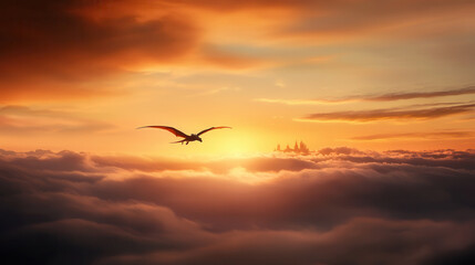 Naklejka premium majestic dragon soars over castle at sunset, surrounded by clouds. vibrant colors of sky create magical atmosphere, evoking sense of wonder and adventure