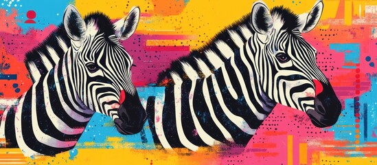 Two zebras with black and white stripes on a colorful background of pink, blue, and yellow.