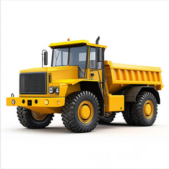 A yellow construction vehicle with a black cab isolated on white background