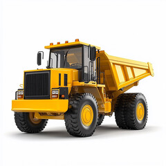 A yellow construction vehicle with a black cab isolated on white background