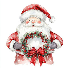 Cute Santa Claus holding festive wreath adorned with red berries and bow, wearing red coat with white snowflakes. Perfect for holiday decorations and cards