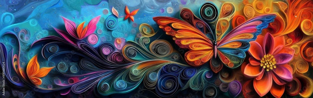 Poster a vibrant butterfly flutters among colorful flowers and swirling patterns, creating a captivating di