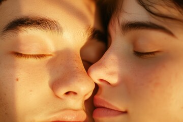 Obraz premium A close-up of two people sharing an intimate moment in soft light.