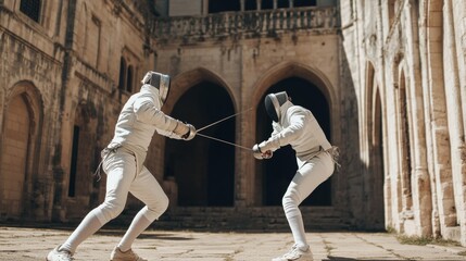 A fencing match in a historical castle courtyard, outdoor setting with medieval architecture, Elegant style