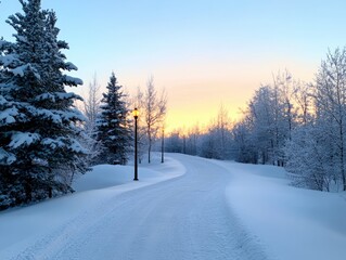 Fototapeta premium A serene winter landscape at dawn with snow-covered trees and a winding path.