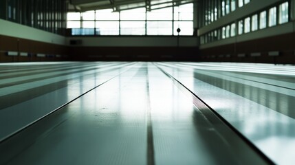 A fencing piste's metallic surface with marks from blade strikes, indoor setting under competition lights, Sharp style