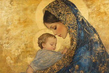 A painting of a woman holding a baby