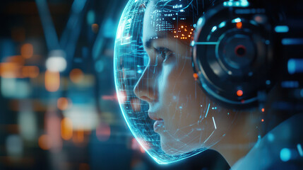 Futuristic digital art featuring woman with high tech helmet, showcasing advanced technology and glowing data visuals. scene evokes sense of innovation and exploration