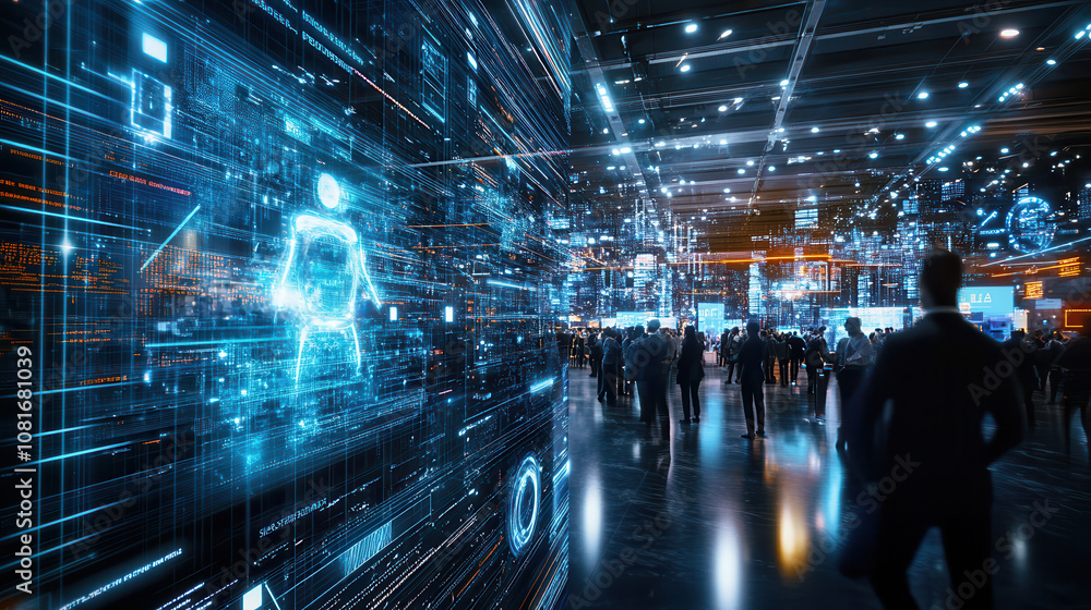 Poster futuristic digital art depicting bustling technology event with glowing data visuals and crowds. atm