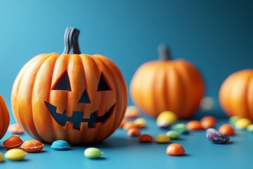 Halloween pumpkins and candy on a blue background, detailed Halloween party theme with high-resolution design and festive atmosphere.