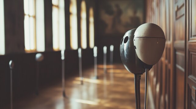 A fencing salle with foils and masks, elegant decor, Classical style