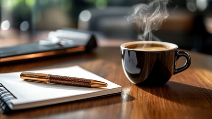 A cup of steaming black coffee on a minimalist wooden desk, accompanied by a notebook and pen, capturing a slow, contemplative moment of focus and relaxation.