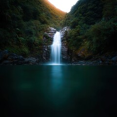 A serene waterfall cascading into a tranquil pool surrounded by lush greenery.