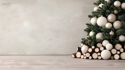 Rustic Christmas tree with white and beige ornaments on a wooden base in front of a gray wall.