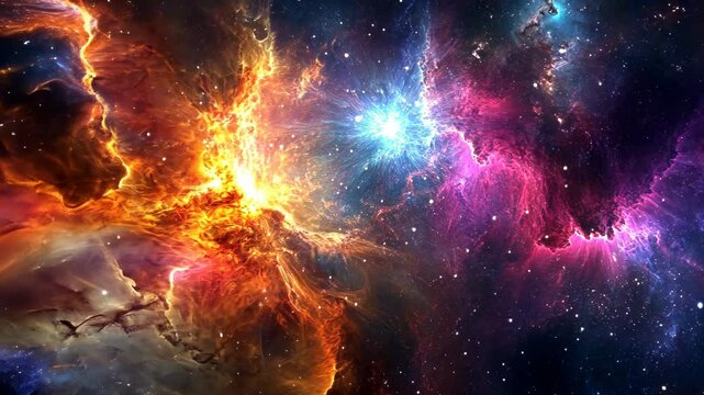 A close-up of a colorful nebula in space, with a bright star in the center, taken with a telescope