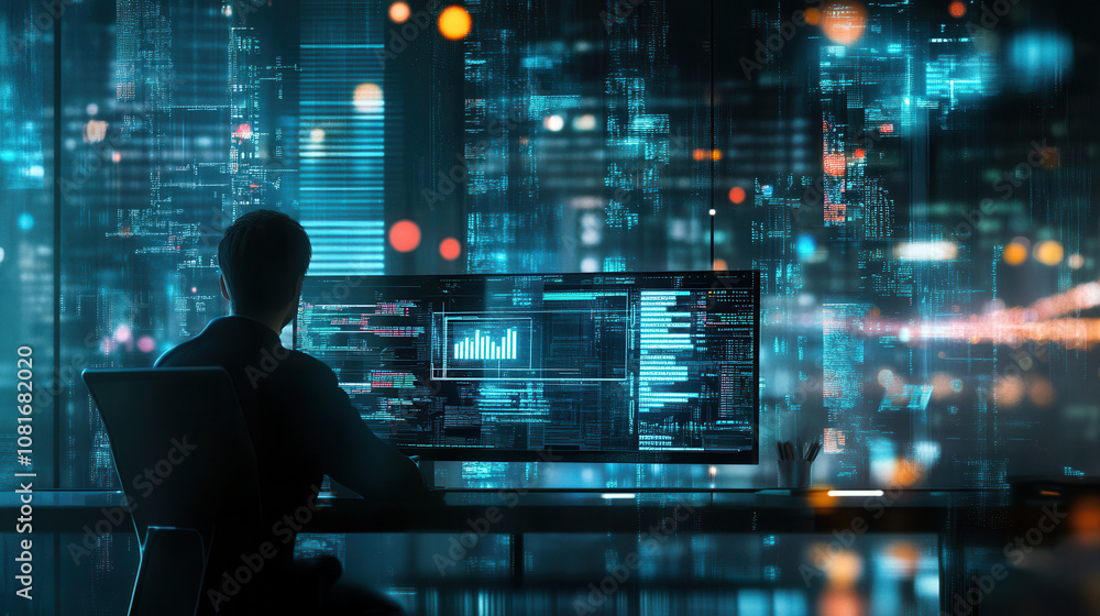 Poster person working on computer in futuristic office with digital data visualizations and glowing citysca