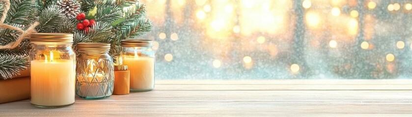 Celebrate a sustainable Christmas with upcycled decorations. Cozy holiday setup with upcycled lanterns and glass jars filled with candles, warm sustainable Christmas ambiance