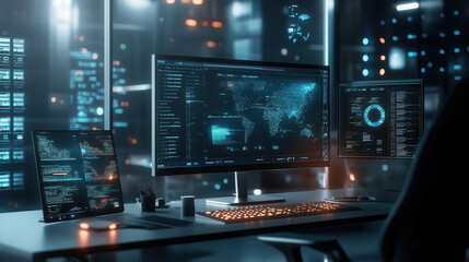 Fototapeta premium modern workspace featuring multiple computer monitors displaying data analytics, maps, and graphs. high tech environment is illuminated with blue and orange lights, creating futuristic atmosphere
