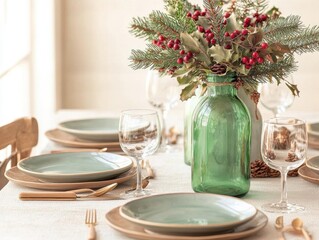 Celebrate a sustainable Christmas with upcycled decorations. Festive table setting with upcycled holiday centerpieces made from glass bottles, organic table decor, sustainable Christmas