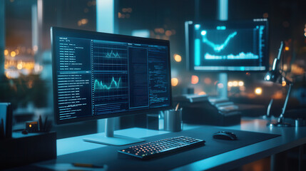 High tech workspace with dual monitors displaying data analytics and graphs. modern office environment is illuminated by city lights at night, creating dynamic atmosphere