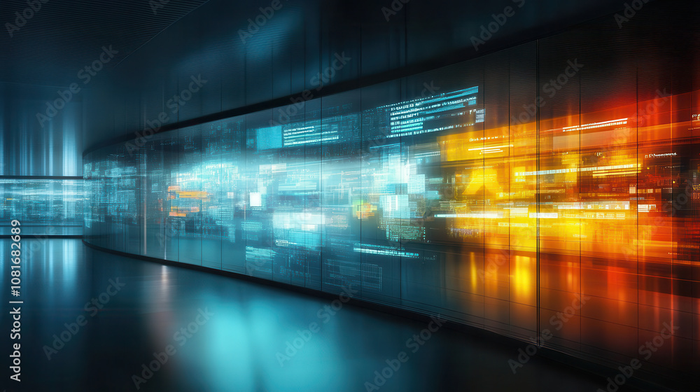 Poster futuristic digital interface with glowing data streams and vibrant colors, showcasing technology and
