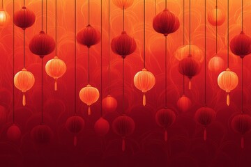 Fototapeta premium Chinese New Year lanterns with orange outlines on red background, simple and clean design with a three-dimensional festive atmosphere for Lunar New Year celebration.