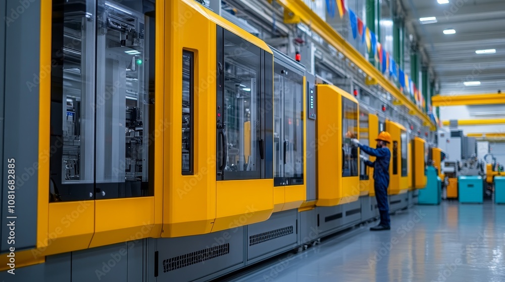 Poster a worker inspecting a row of industrial injection molding machines in a factory setting