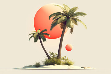 Obraz premium Two palm trees and sun on a small island