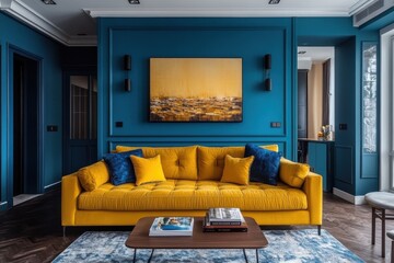 A living room with a blue wall and a yellow couch
