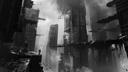 Capture the haunting beauty of a dystopian cityscape in monochromatic digital art