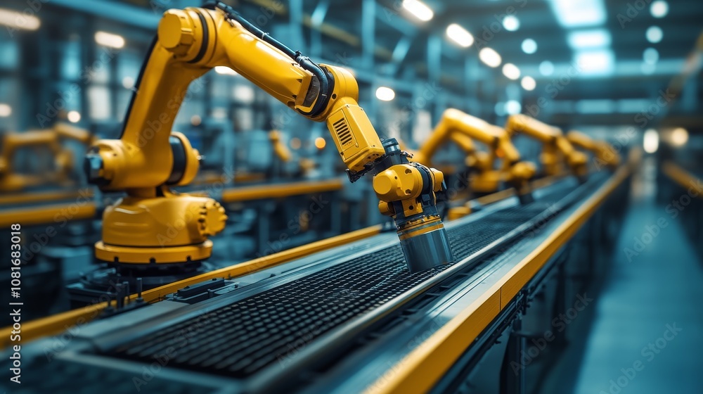 Poster industrial robots working on an assembly line in a factory