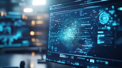 Futuristic digital interface displaying complex data visualizations and analytics, showcasing technology and innovation in modern workspace