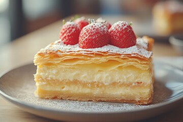 A slice of cake with strawberries on top